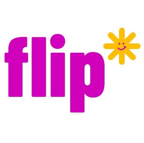 Logo with the word flip in magenta and a bright yellow asterisk with a smiley face